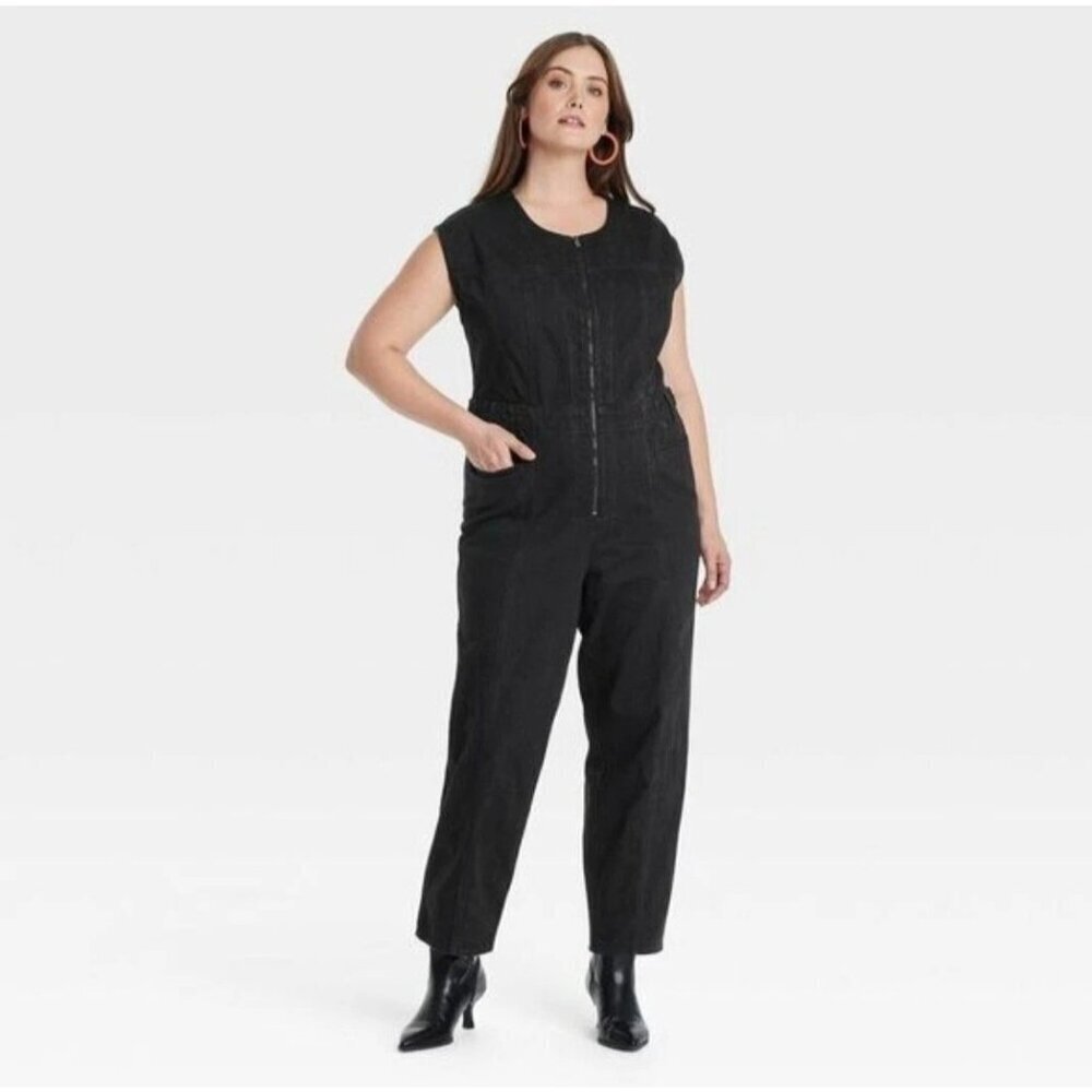 Universal Thread Women's 8 Black Zip Front Sleeveless Denim Jumpsuit N0804